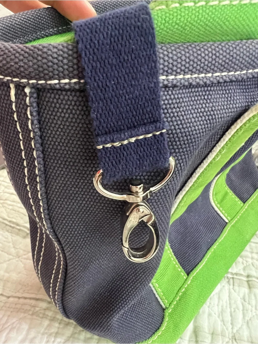 Lands End Vintage Small Zippered Tote Navy Blue/Lime Green 12x9x6